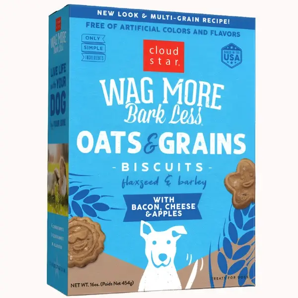 Wag More Bark Less Oats & Grains Biscuits with Bacon, Cheese & Apples package
